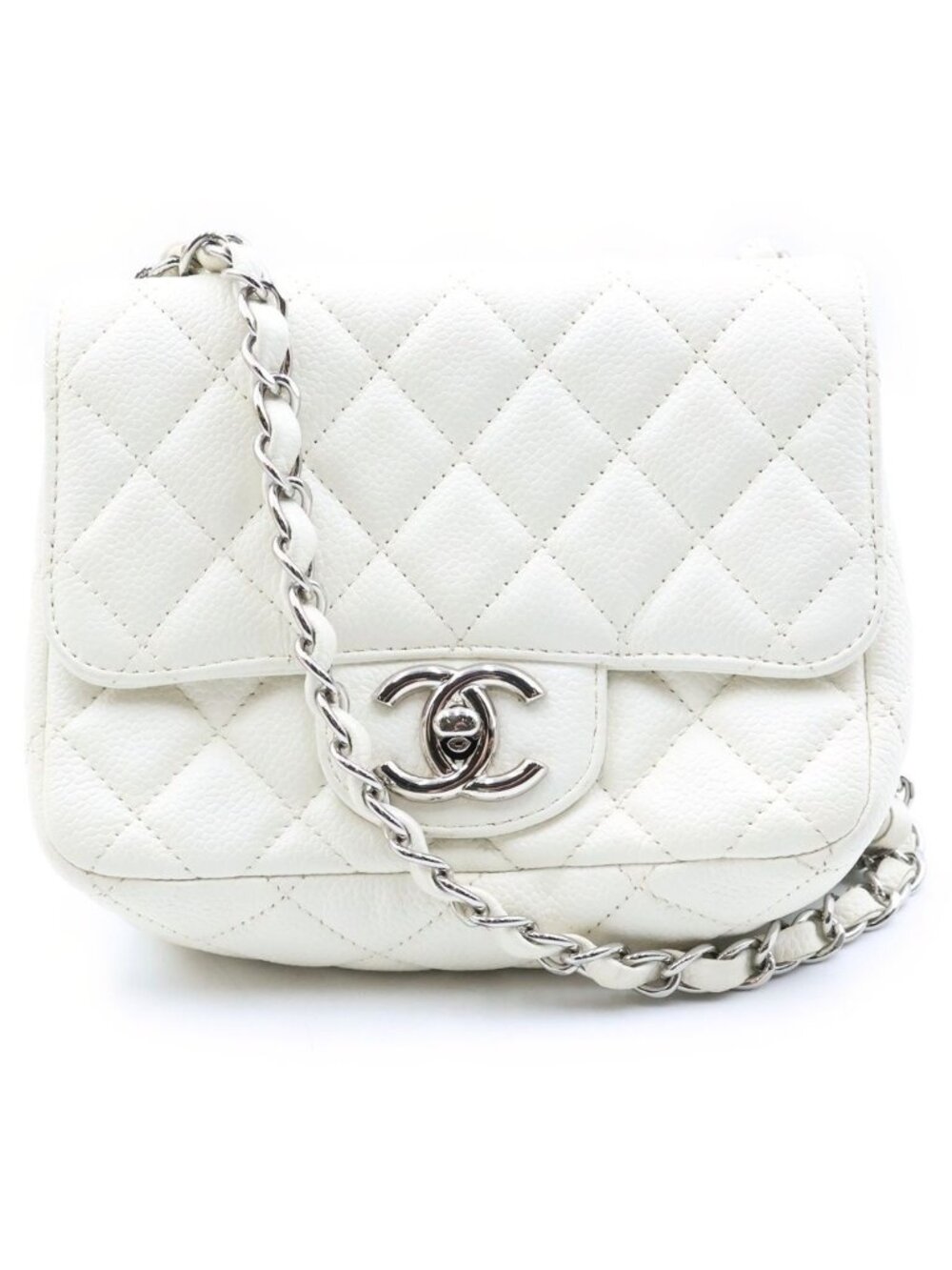 Chanel Mini Quilted 16 Chain Shoulder Bag White Caviar Leather Silver